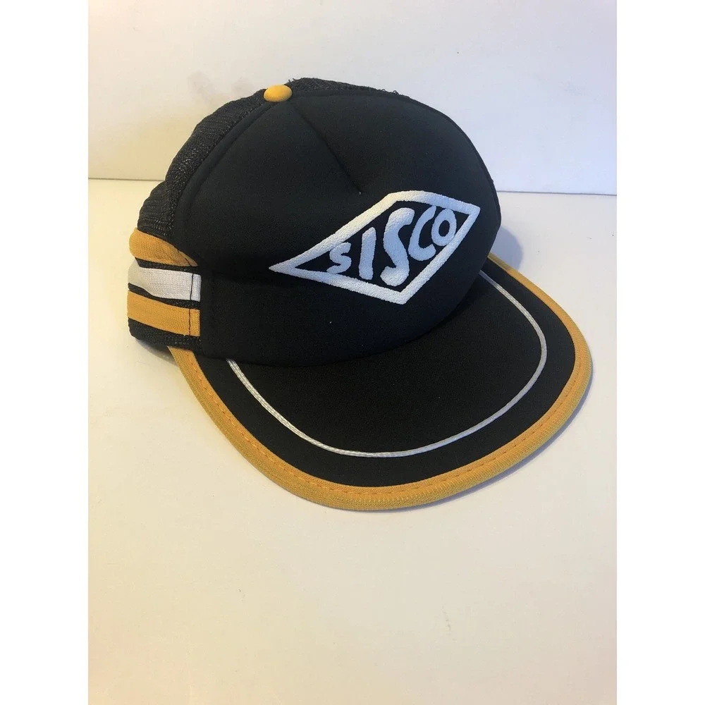 Vintage Sisco Trucker Hat Mesh Three Stripe Cap Black, White And Yellow